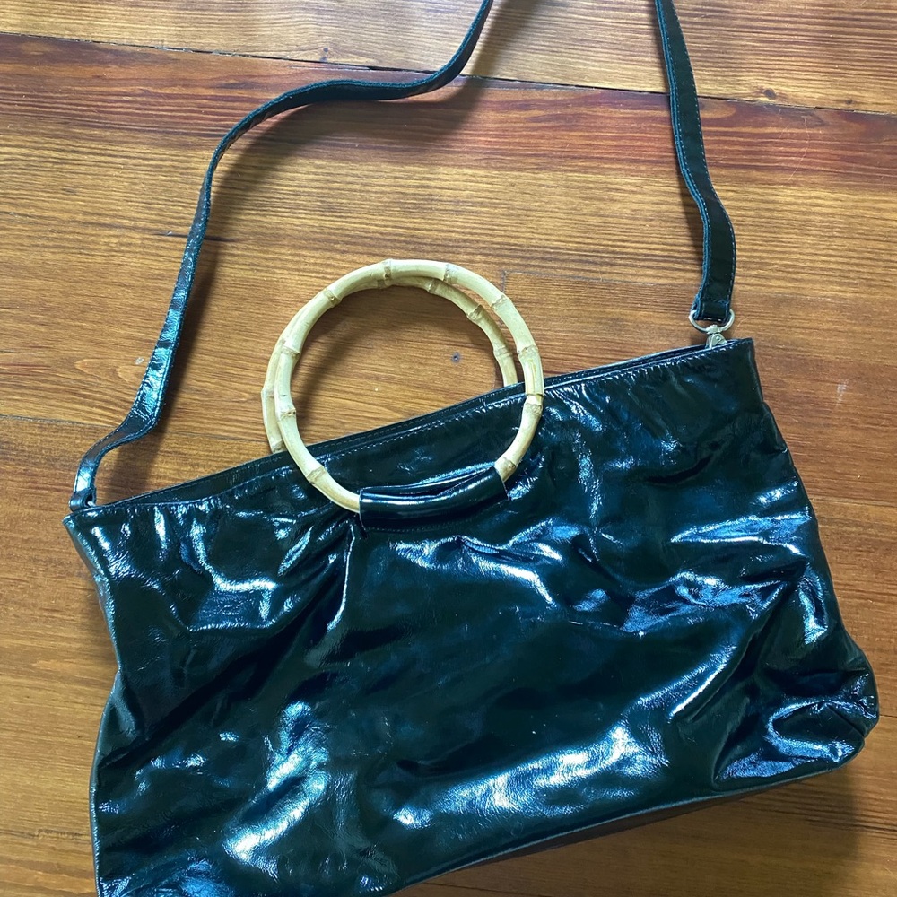 Sabrina Tach patent bag with bamboo handle
